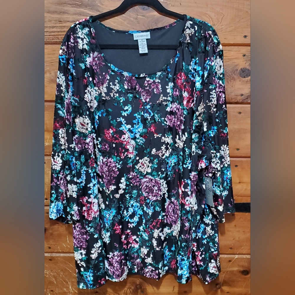 Catherines Multi-Colored Floral 3/4 Length Sleeve Blouse